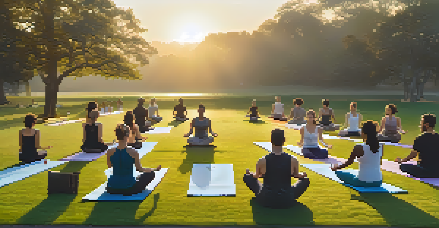 A group of individuals practicing yoga outdoors at sunrise, with a warm golden light and a grassy field.
