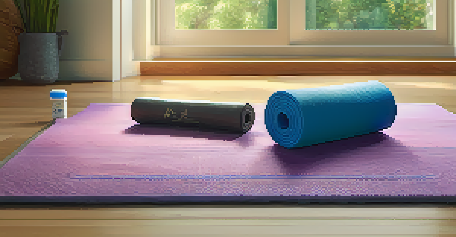 A close-up of a yoga mat with a water bottle, towel, and athletic shoes, showcasing a personal workout space with warm lighting.