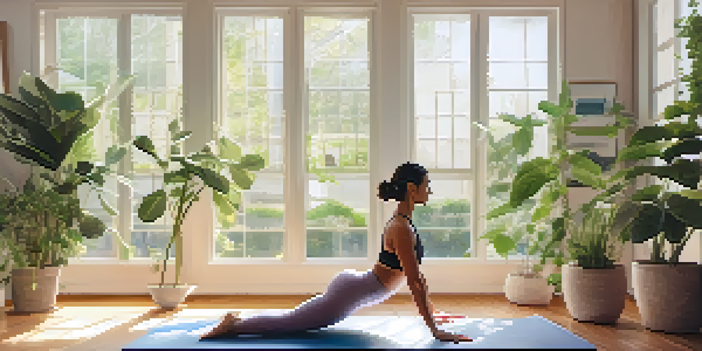 A person practicing the Downward Dog pose in a bright yoga studio filled with plants and yoga props.