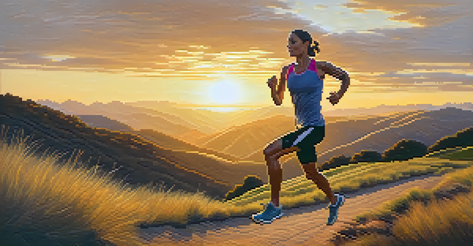 A runner practicing breath control on a scenic trail during sunset, showcasing a strong posture and rhythmic breathing.