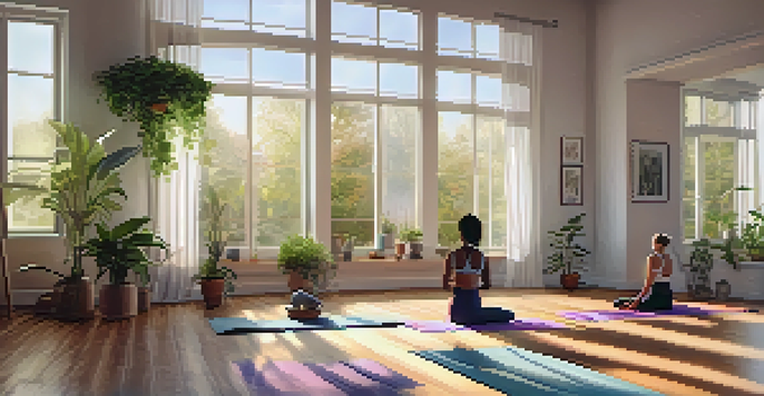 A peaceful yoga studio with individuals practicing various yoga poses in soft morning light, surrounded by plants and gentle decor.