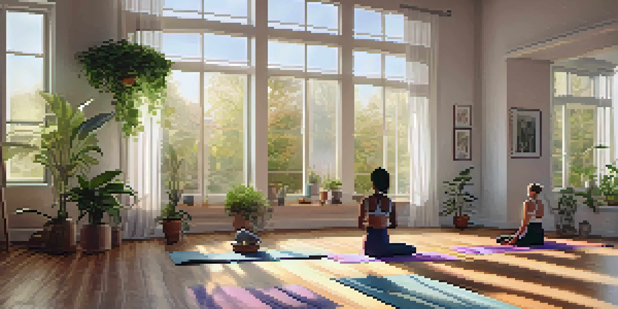 A peaceful yoga studio with individuals practicing various yoga poses in soft morning light, surrounded by plants and gentle decor.
