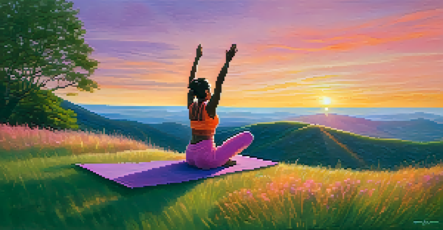 A person performing yoga on a grassy hilltop at sunset, surrounded by a colorful sky, symbolizing peace and mindfulness.