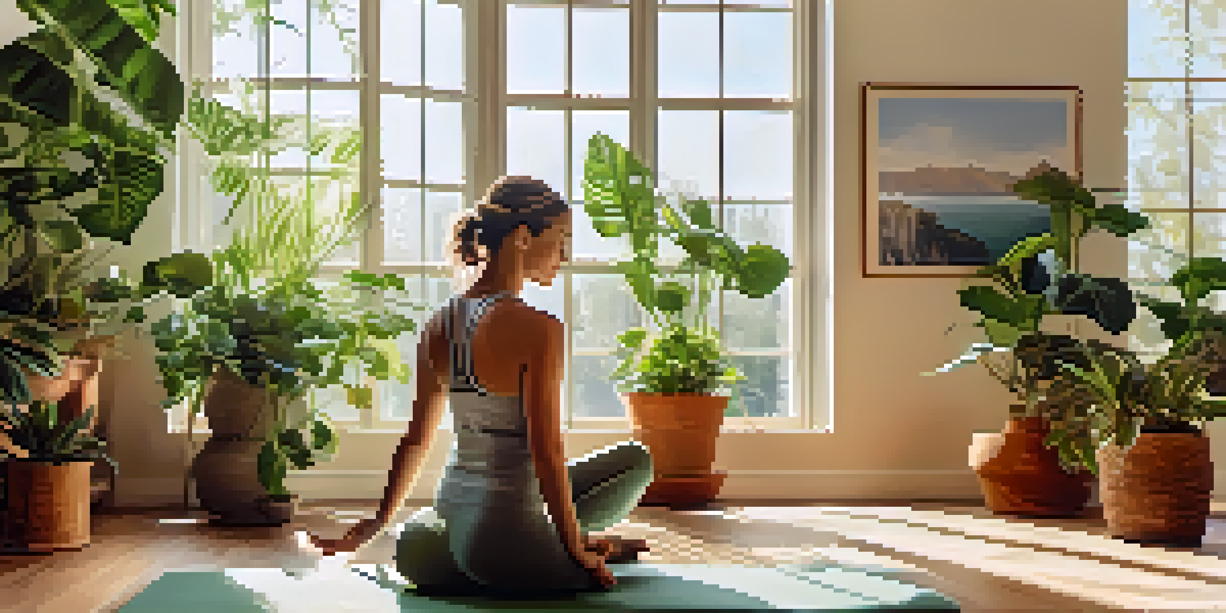 A person practicing yoga in a bright, peaceful room filled with plants and soft furnishings, with sunlight filtering through the windows.