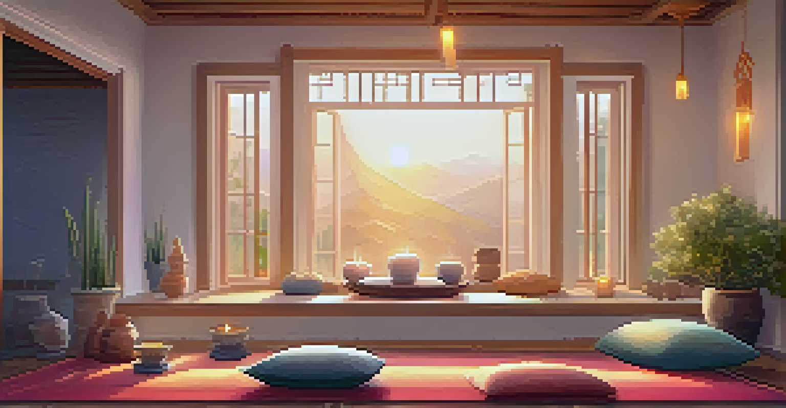 A cozy yoga and meditation space with cushions, blankets, and soft lighting, ready for practice.