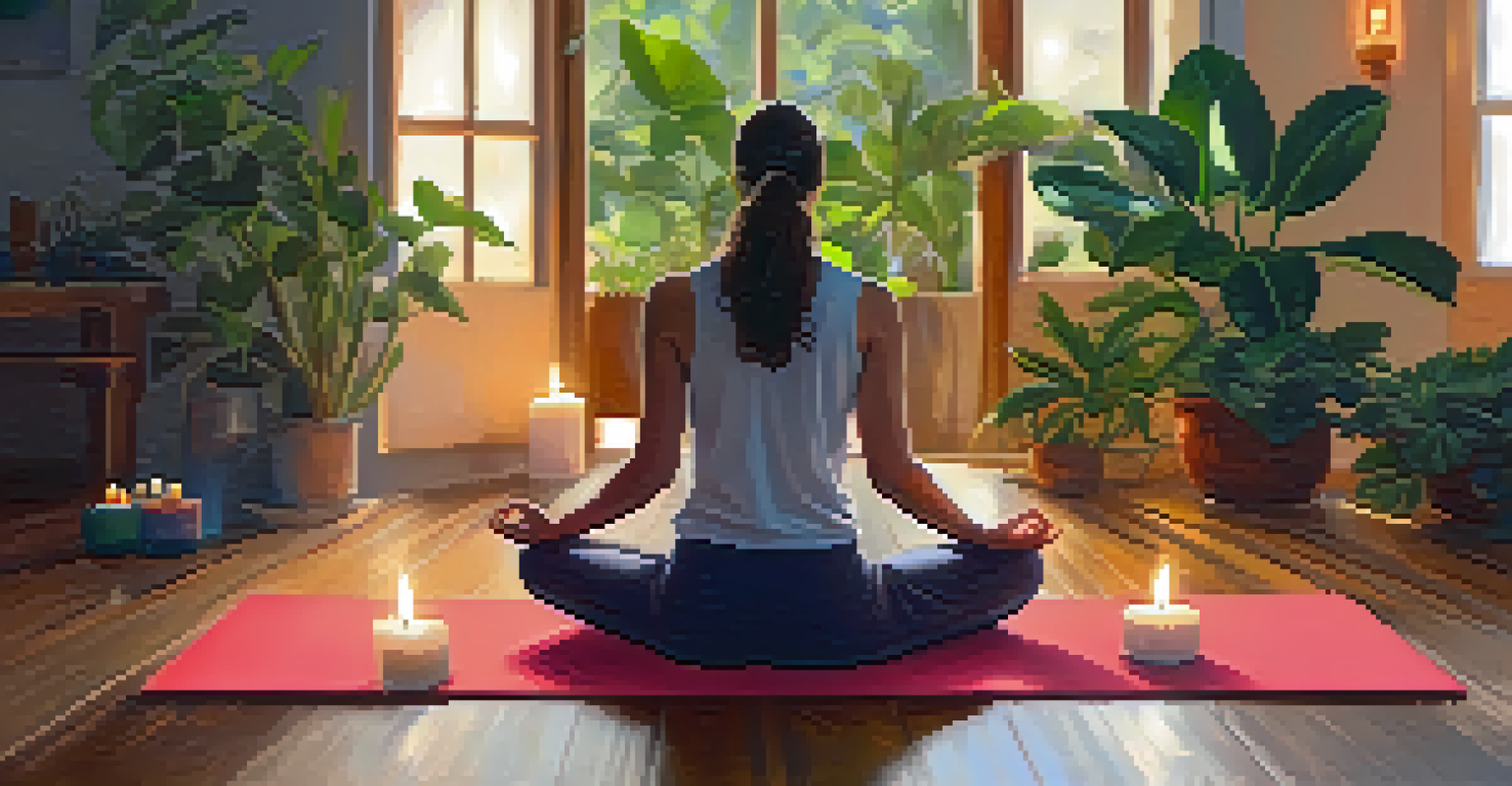 A close-up view of a person meditating on a yoga mat in a softly lit room with candles and plants.