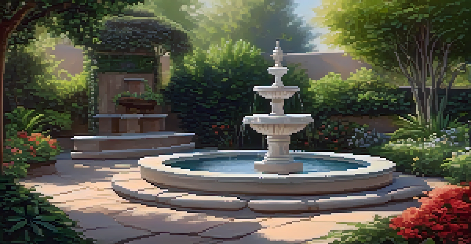 A peaceful outdoor meditation area in a garden with a cushion, fountain, and blooming flowers, bathed in soft sunlight.