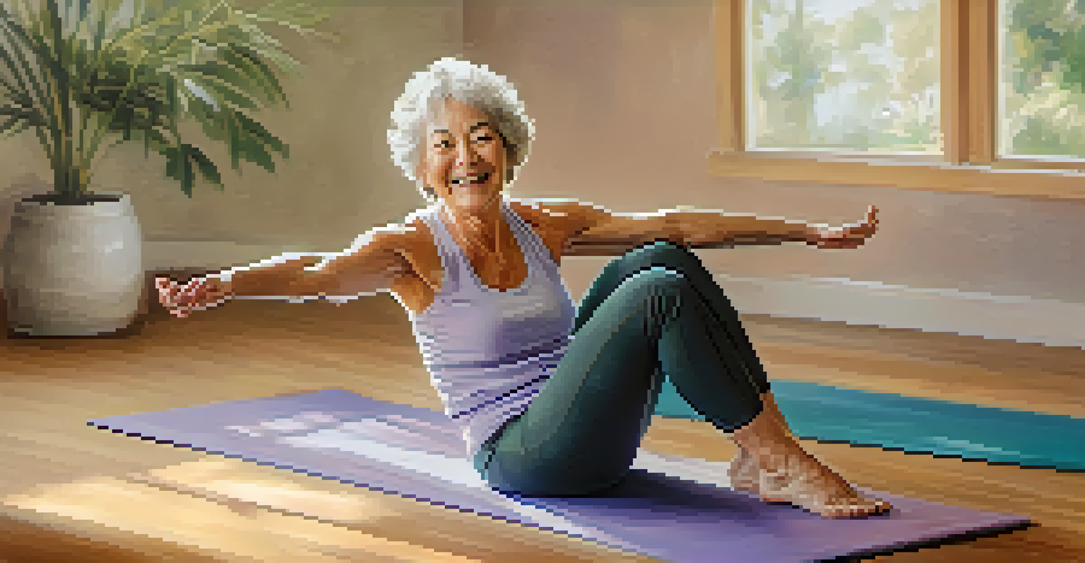 A senior woman practicing a seated forward bend in chair yoga, looking relaxed and happy.