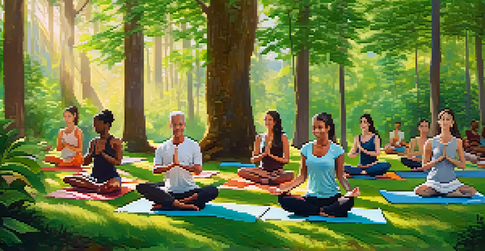 A diverse group of people practicing yoga outdoors in a forest, with colorful mats and sunlight filtering through the trees.