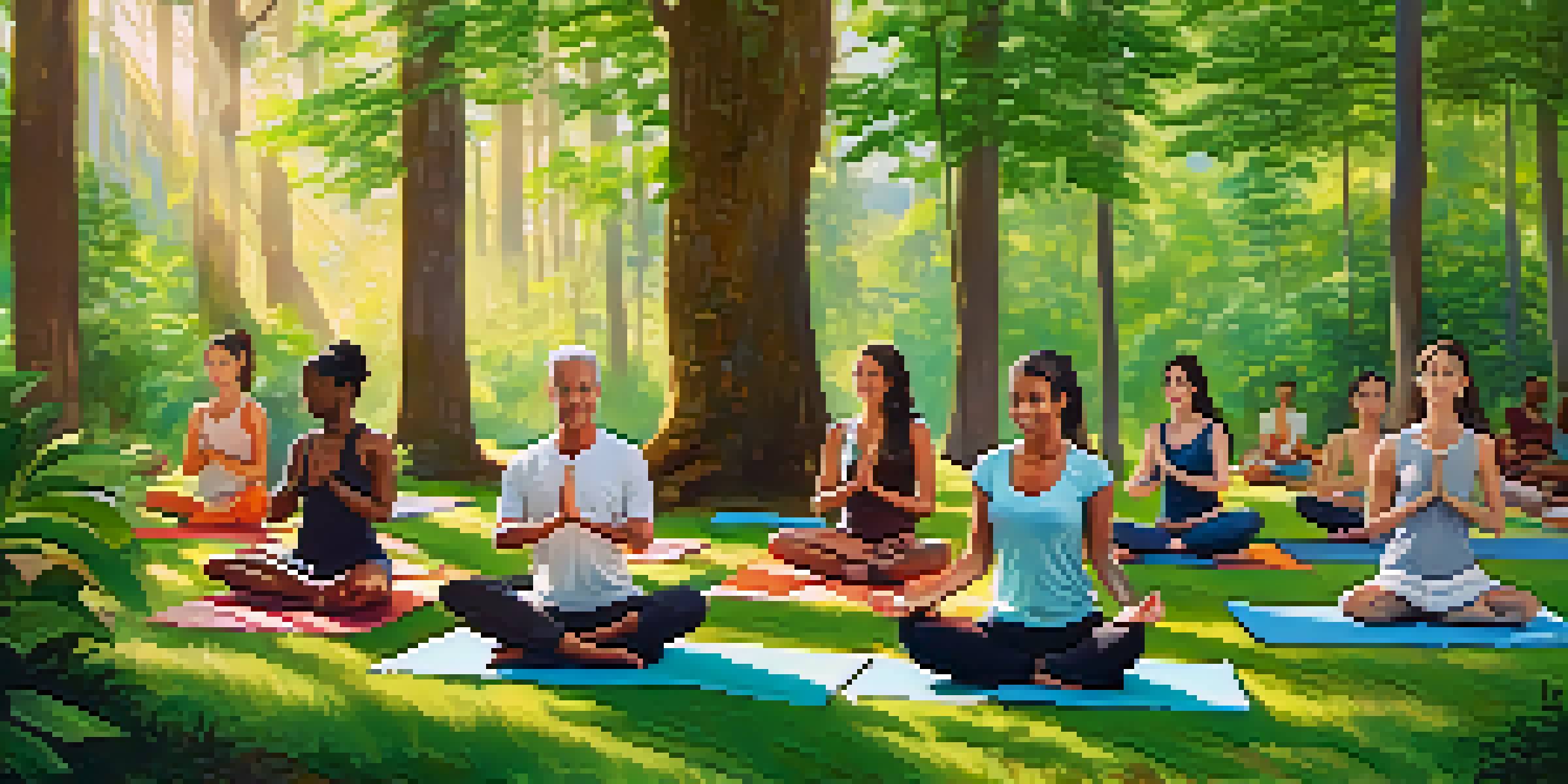 A diverse group of people practicing yoga outdoors in a forest, with colorful mats and sunlight filtering through the trees.