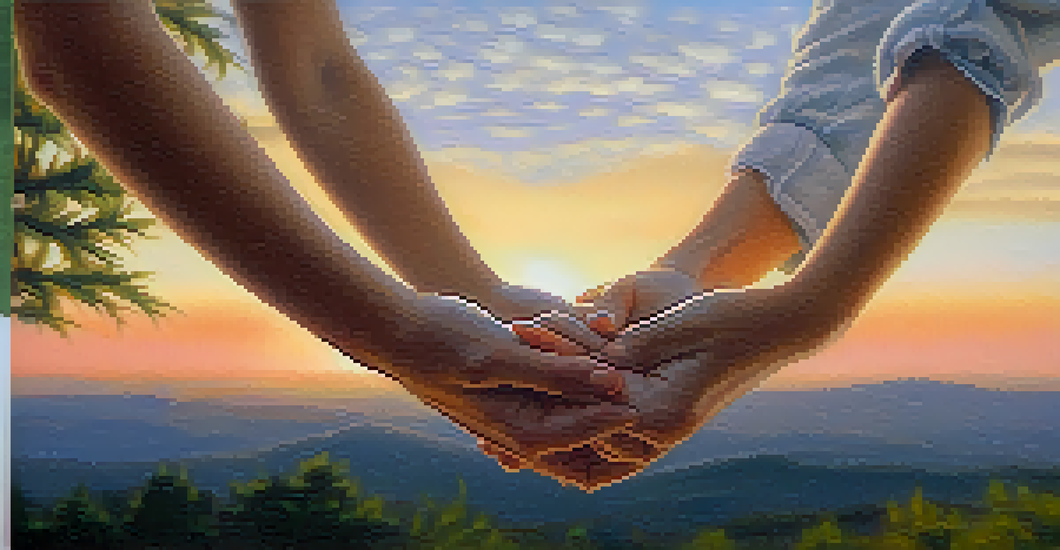 A close-up of hands in a meditative gesture with a peaceful expression, set against a blurred tranquil nature landscape.
