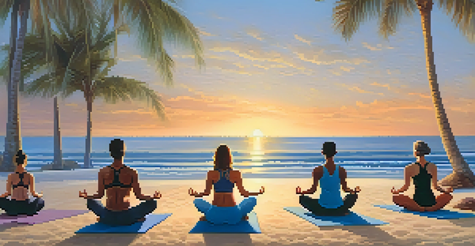 A diverse group practicing yoga on a beach at sunrise, surrounded by calm ocean waves and palm trees, with warm golden hues in the background.