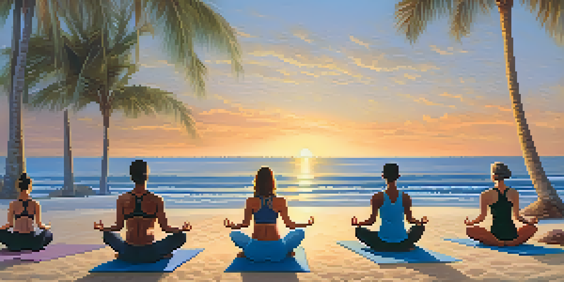 A diverse group practicing yoga on a beach at sunrise, surrounded by calm ocean waves and palm trees, with warm golden hues in the background.