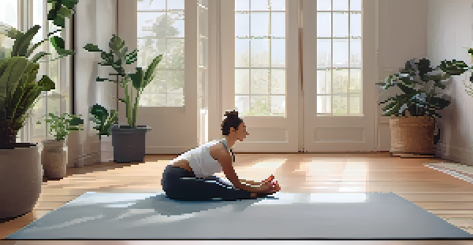 A new mother practicing Child’s Pose in a serene indoor yoga space, with natural light and plants around.