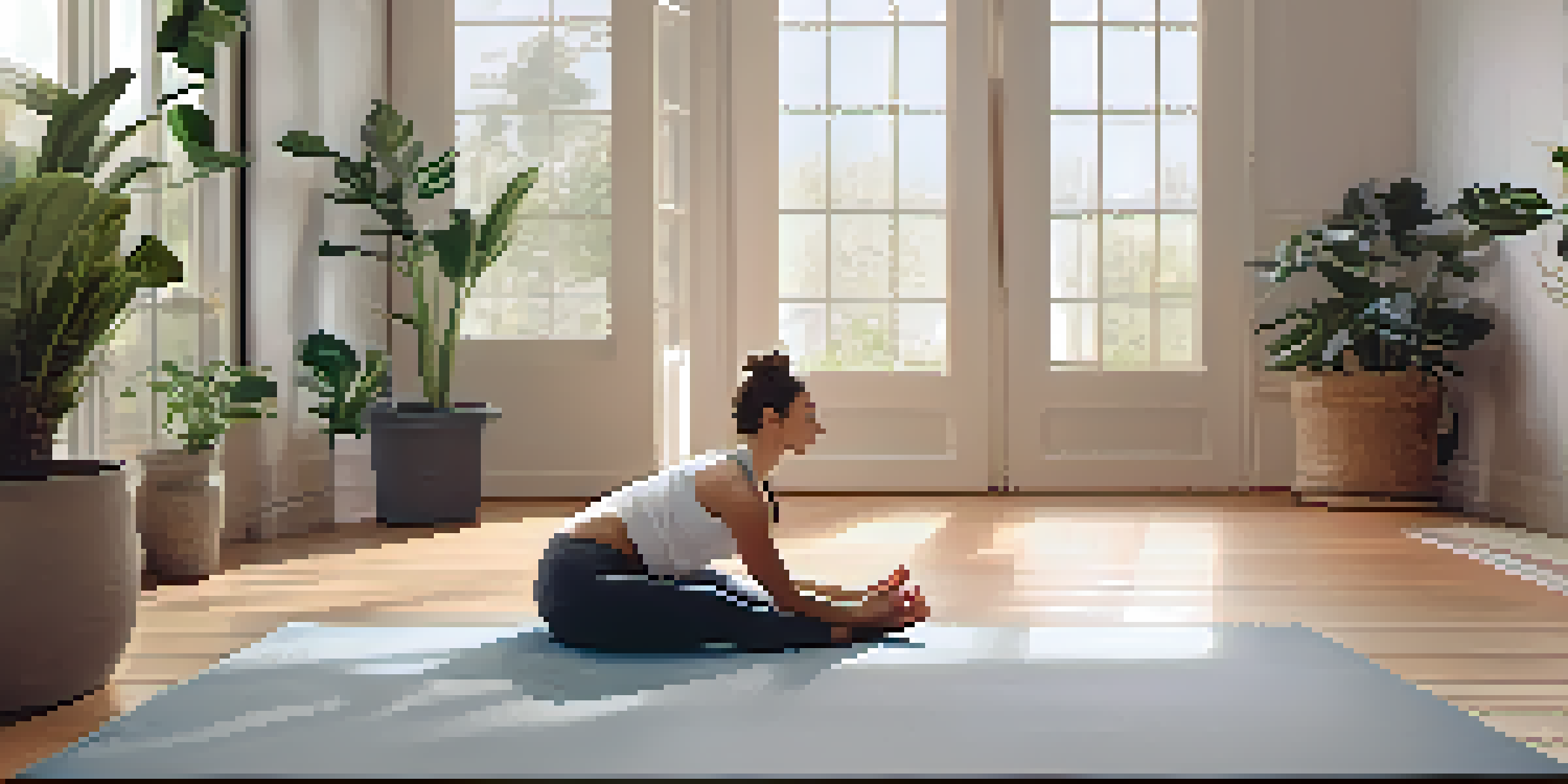 A new mother practicing Child’s Pose in a serene indoor yoga space, with natural light and plants around.