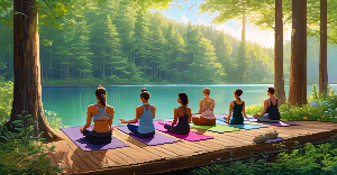 A peaceful forest yoga retreat with people practicing yoga on a wooden deck by a lake.