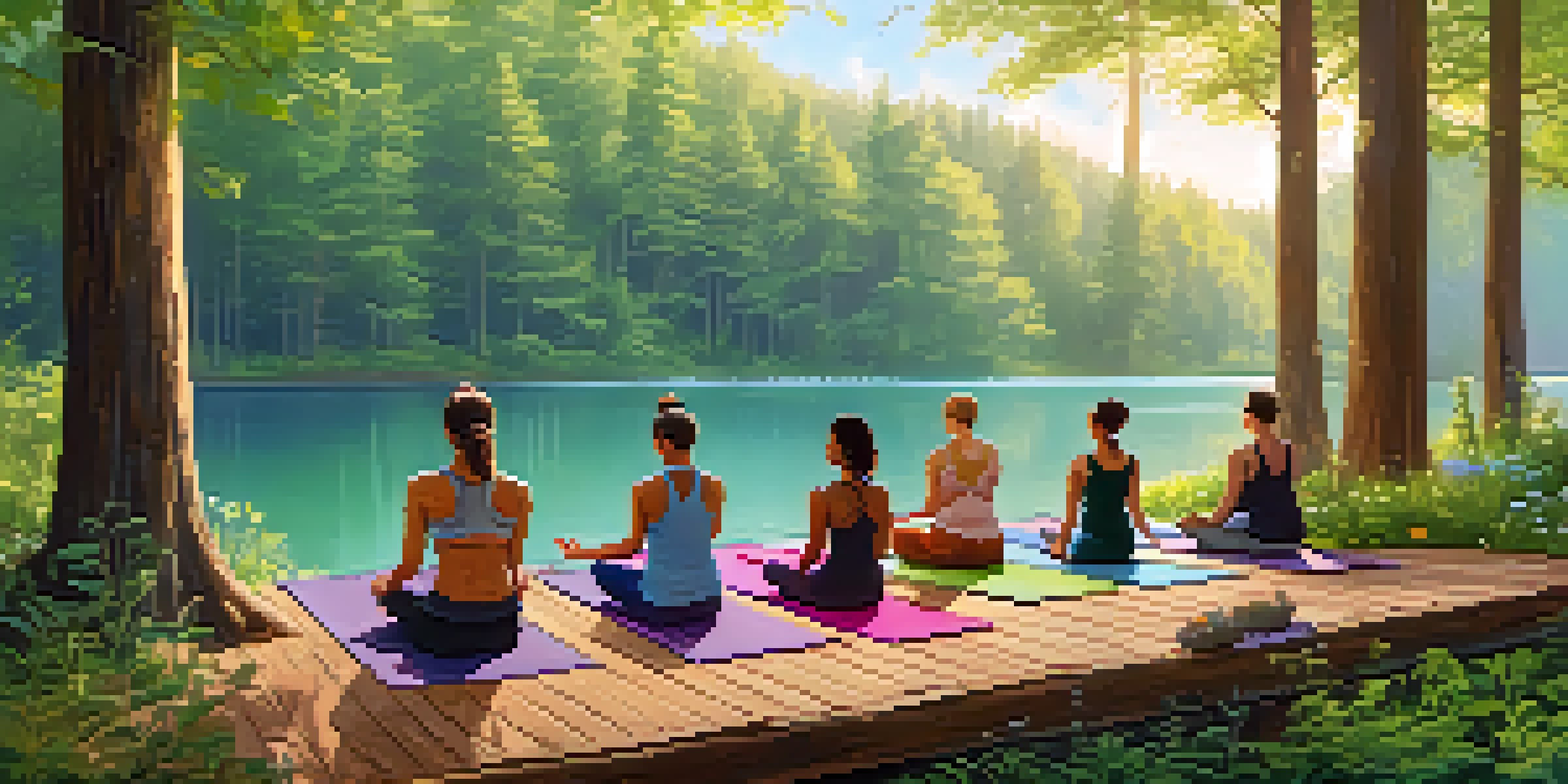 A peaceful forest yoga retreat with people practicing yoga on a wooden deck by a lake.