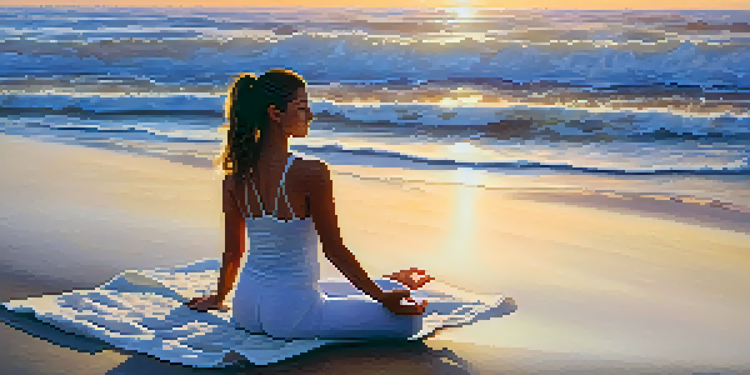 A yoga practitioner striking a graceful pose on a beach at sunset, with warm golden light and gentle waves in the background.