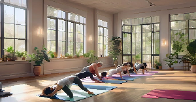 A diverse group of individuals practicing yoga in a sunlit studio, surrounded by plants and candles, creating a peaceful atmosphere.