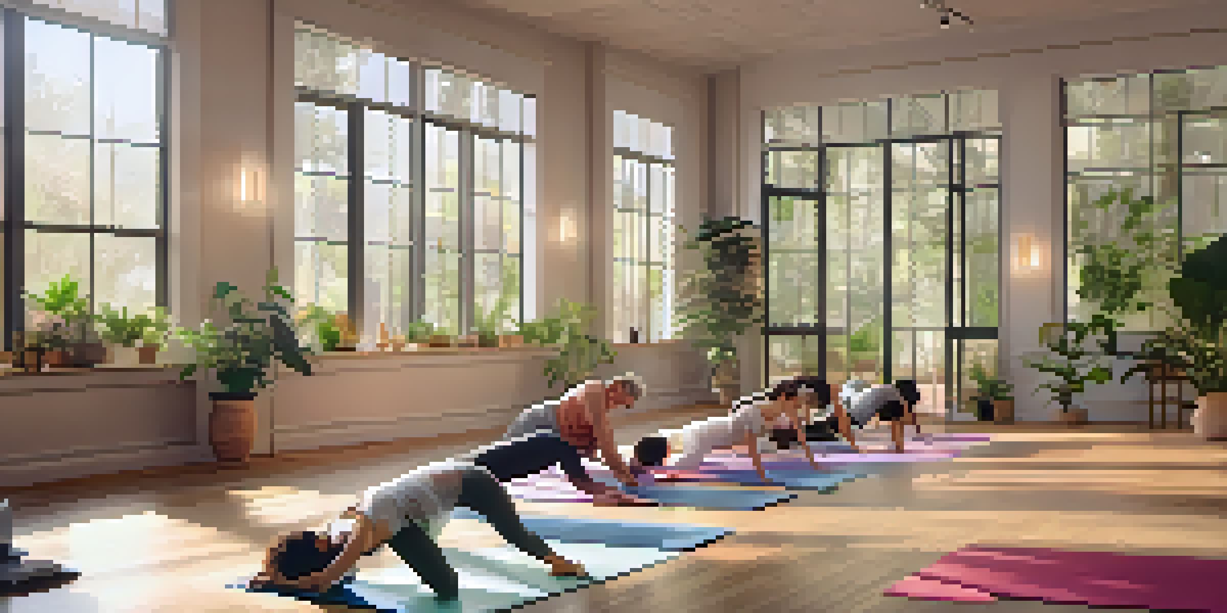A diverse group of individuals practicing yoga in a sunlit studio, surrounded by plants and candles, creating a peaceful atmosphere.