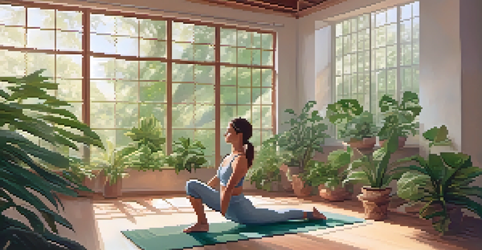 An athlete practicing yoga in a bright and tranquil studio filled with indoor plants and natural light.