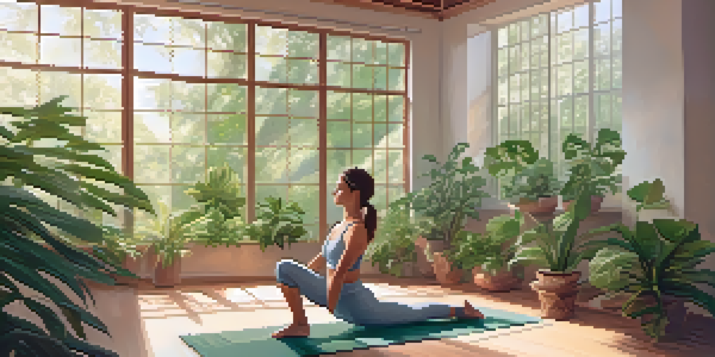 An athlete practicing yoga in a bright and tranquil studio filled with indoor plants and natural light.
