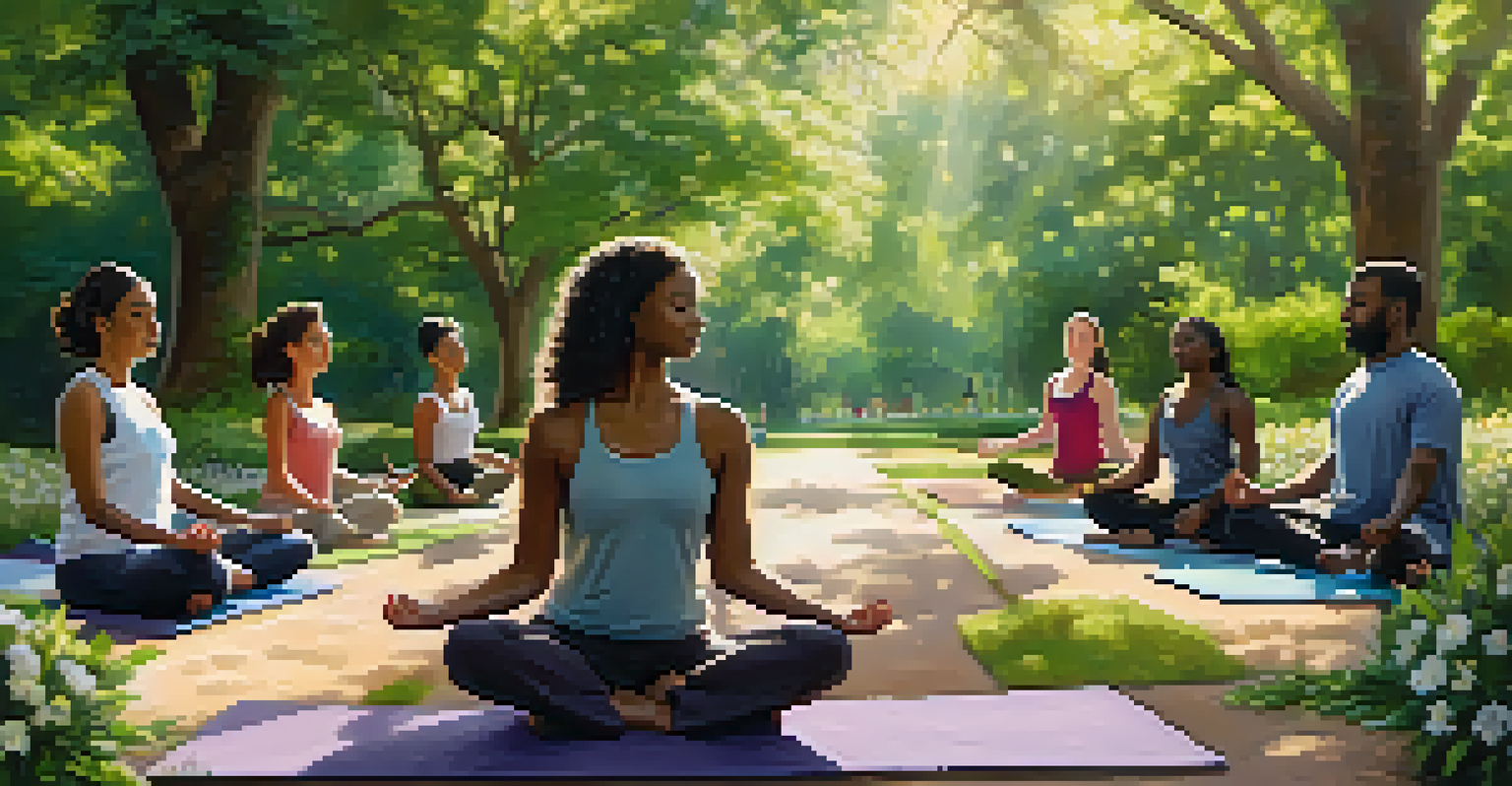 A diverse group practicing yoga in a lush park, focusing on deep breathing amidst nature.
