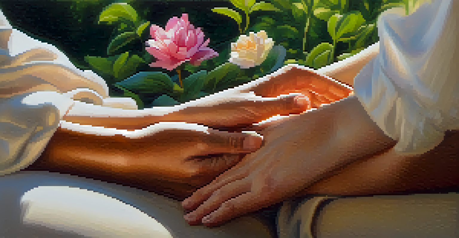 Close-up of hands in a meditative position, surrounded by nature and soft sunlight.
