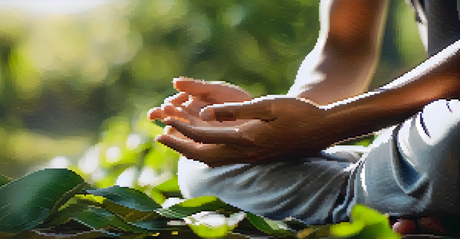 Close-up of a person's hands in a meditative pose with a soft-focus background of a tranquil outdoor setting, conveying mindfulness and self-reflection.