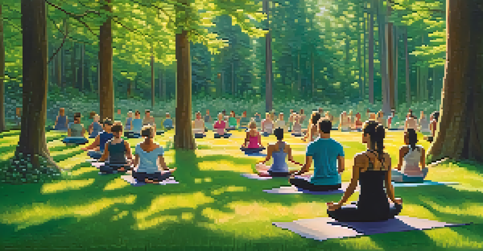 A group of people practicing yoga in a forest with sunlight filtering through the trees.