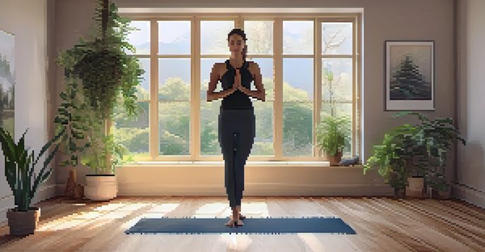 A person practicing Mountain Pose in a peaceful yoga studio, with natural light and indoor plants.