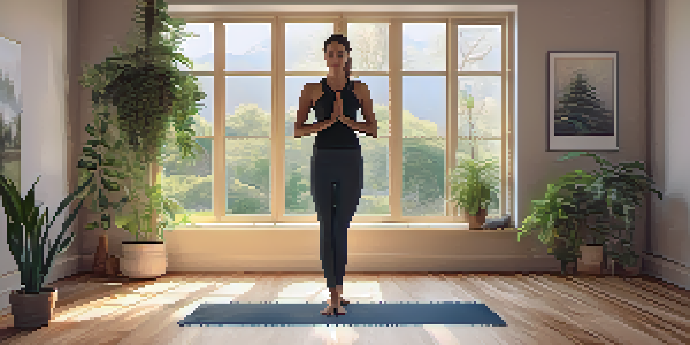 A person practicing Mountain Pose in a peaceful yoga studio, with natural light and indoor plants.