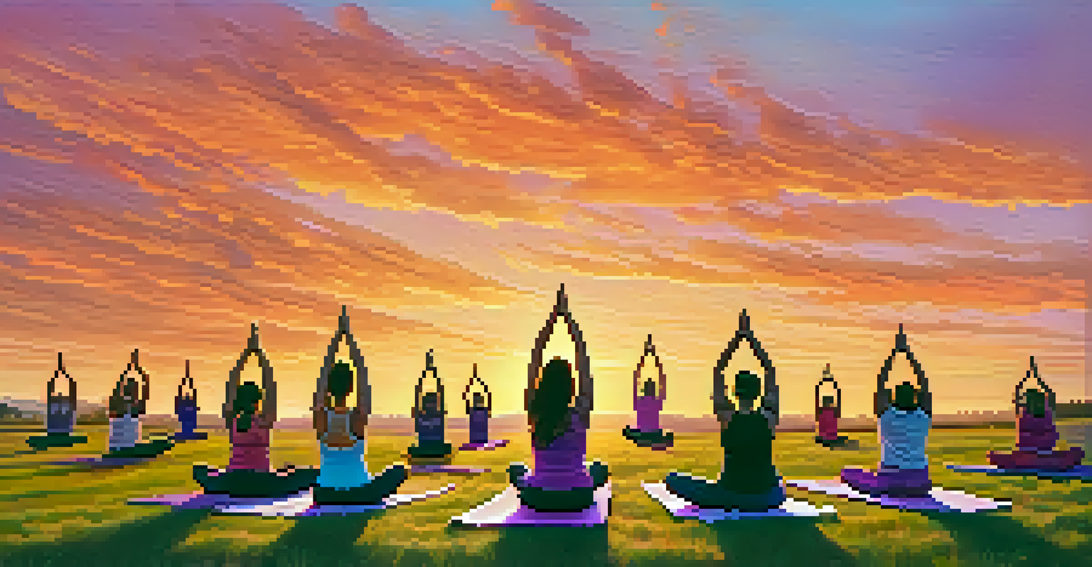 A group of individuals practicing yoga outdoors during sunset, surrounded by a colorful sky.