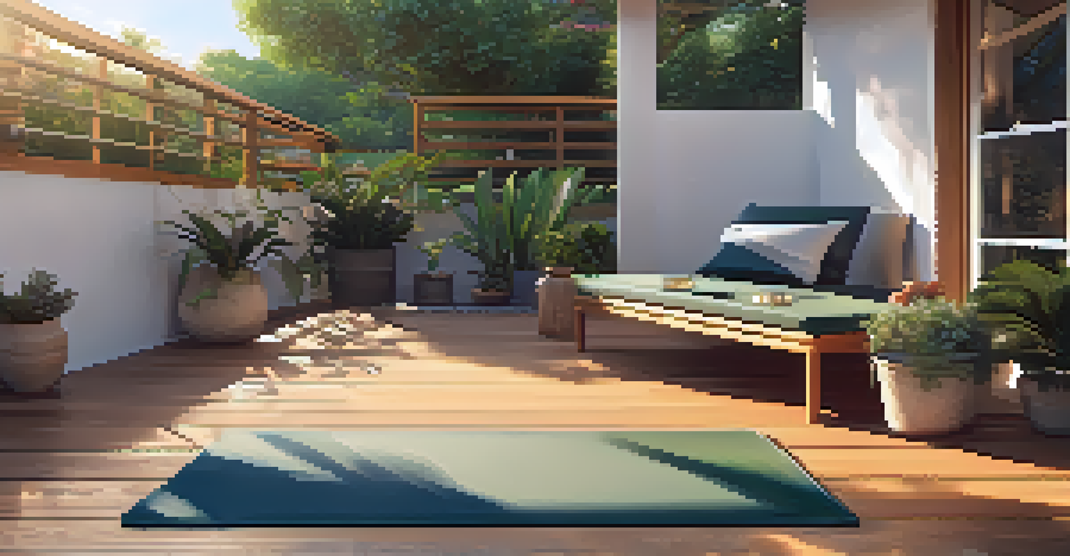 An outdoor yoga setting on a patio with a mat, greenery, and warm sunset lighting.