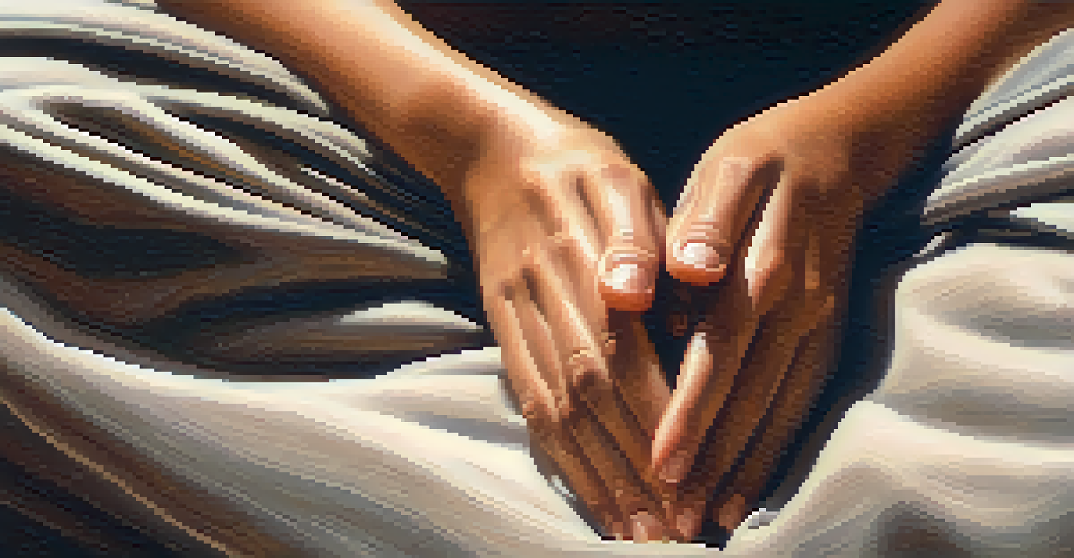 A close-up of a person's hands resting on their knees, with a peaceful expression, in a softly lit environment emphasizing mindfulness.