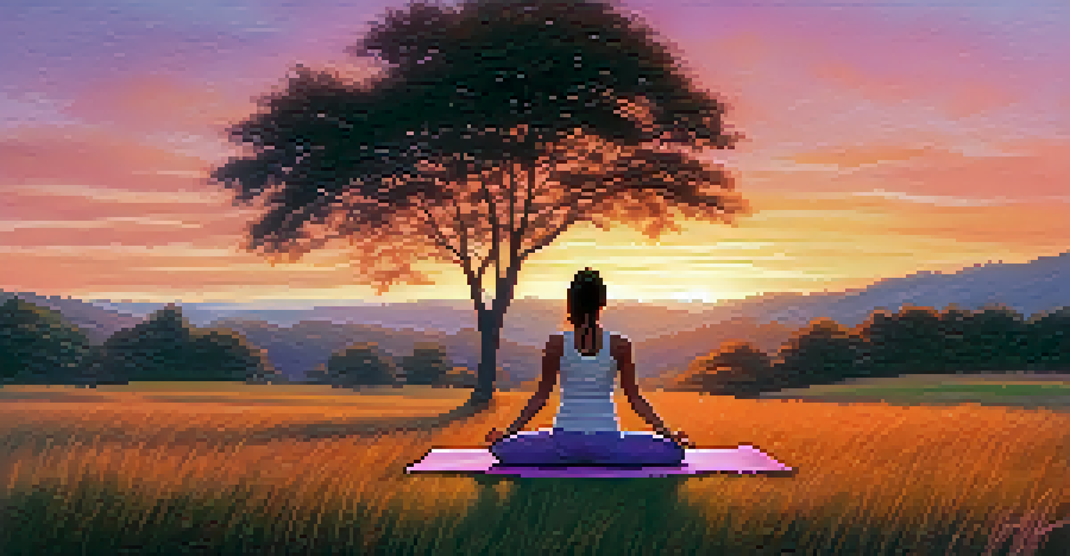 A person doing Child's Pose on grass at sunset, surrounded by nature and vibrant colors in the sky, symbolizing peace and mindfulness.
