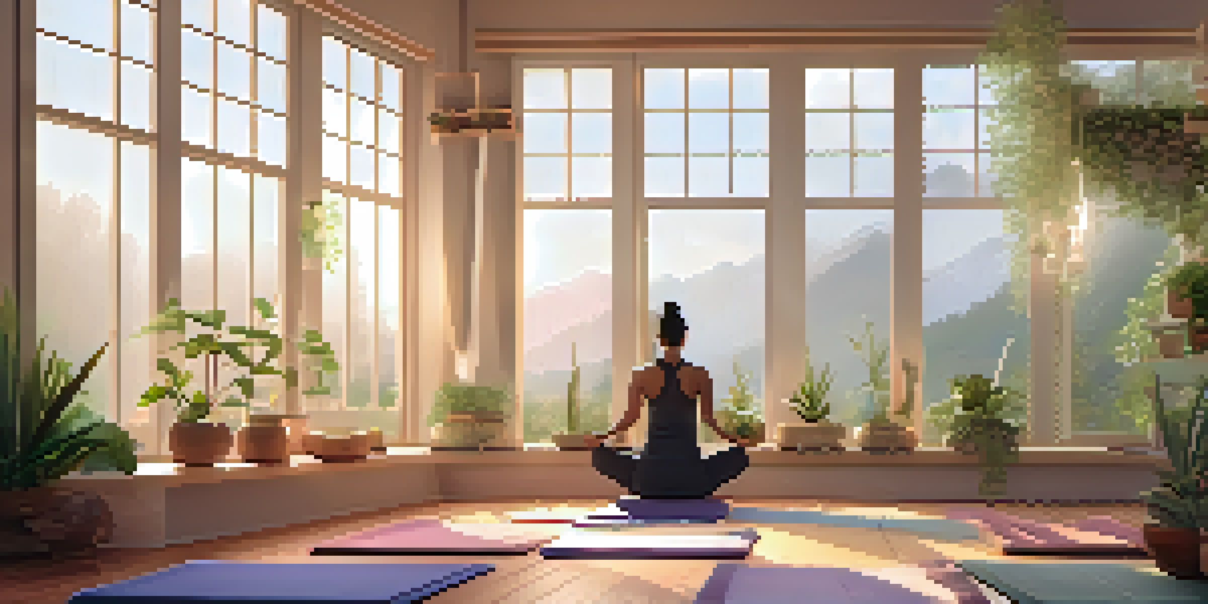 A peaceful yoga studio with a person meditating, surrounded by singing bowls and indoor plants, with soft lighting and open windows showing a tranquil landscape.