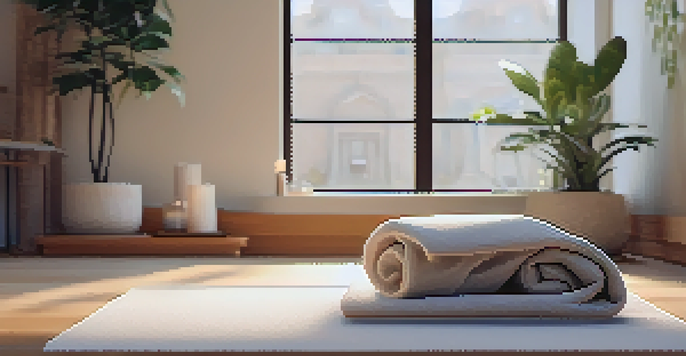 A cozy yoga space with a blanket and bolster, illuminated by warm light, surrounded by a tranquil indoor plant.