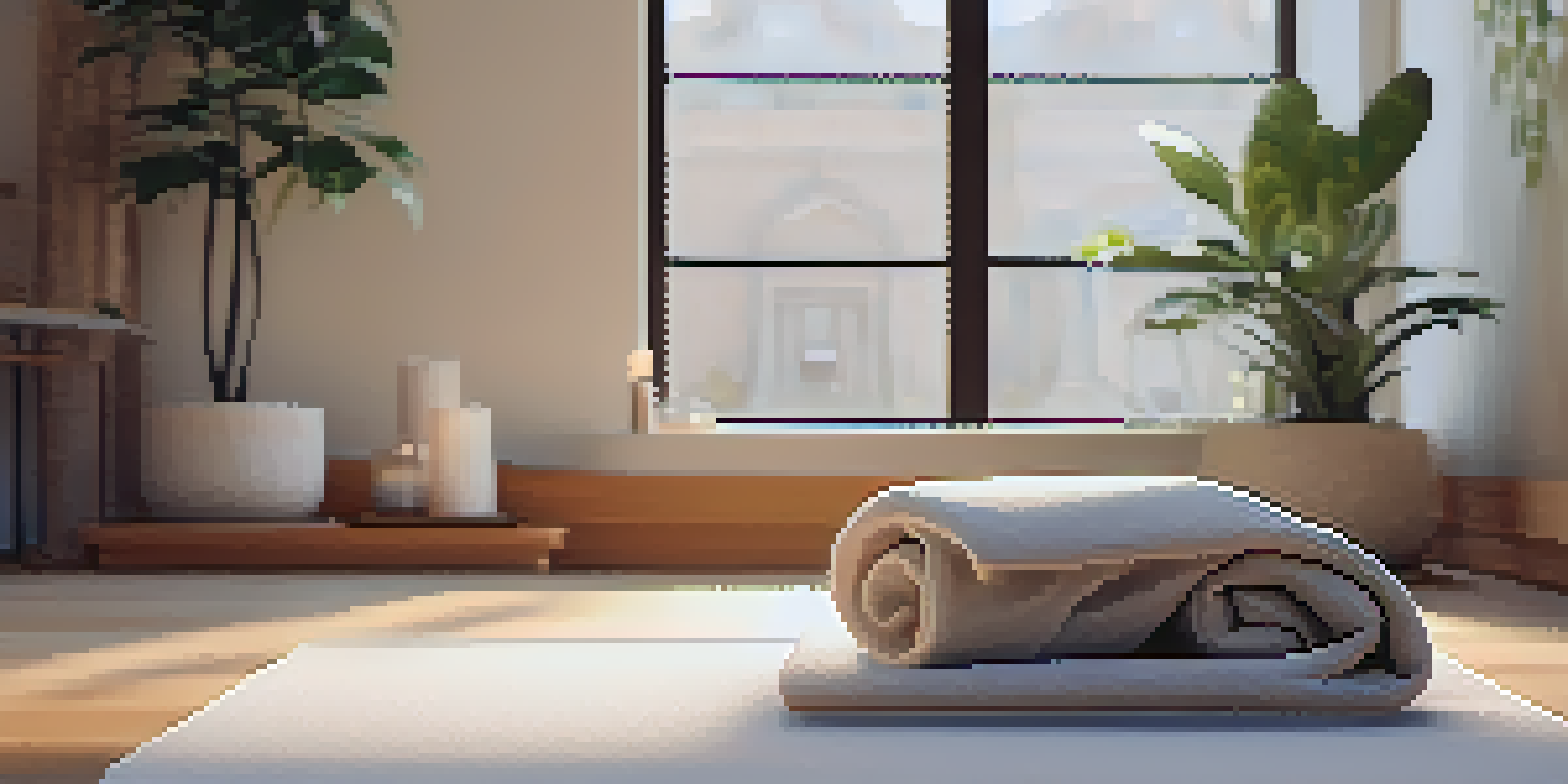 A cozy yoga space with a blanket and bolster, illuminated by warm light, surrounded by a tranquil indoor plant.