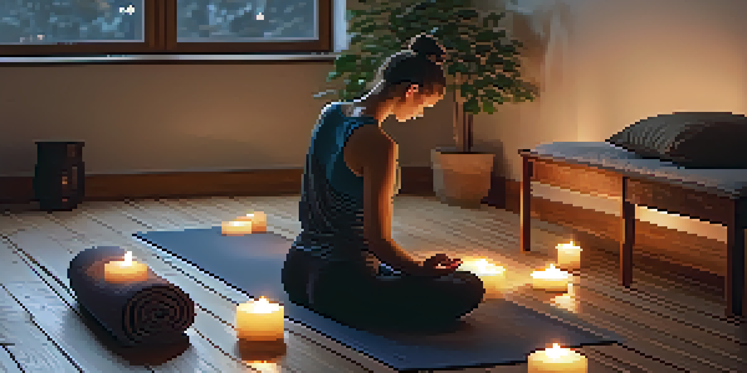 A person practicing Child's Pose on a yoga mat in a dimly lit room with candles, cushions, and blankets, creating a peaceful atmosphere.