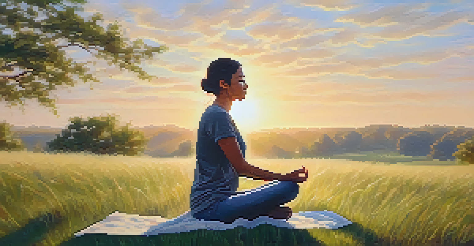 A person practicing mindful breathing in nature at sunrise, radiating peace and tranquility.