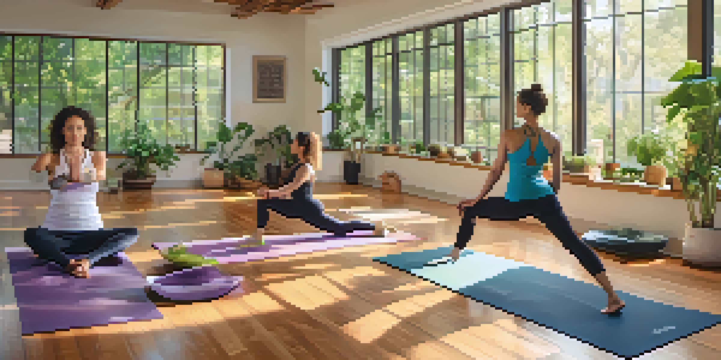 A diverse group of individuals practicing yoga in a sunlit studio, showcasing various poses with a warm wooden floor and green plants in the background.