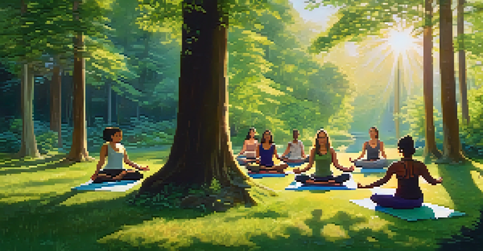 A group of diverse individuals practicing yoga in a circular arrangement in a green forest, with sunlight filtering through the trees.