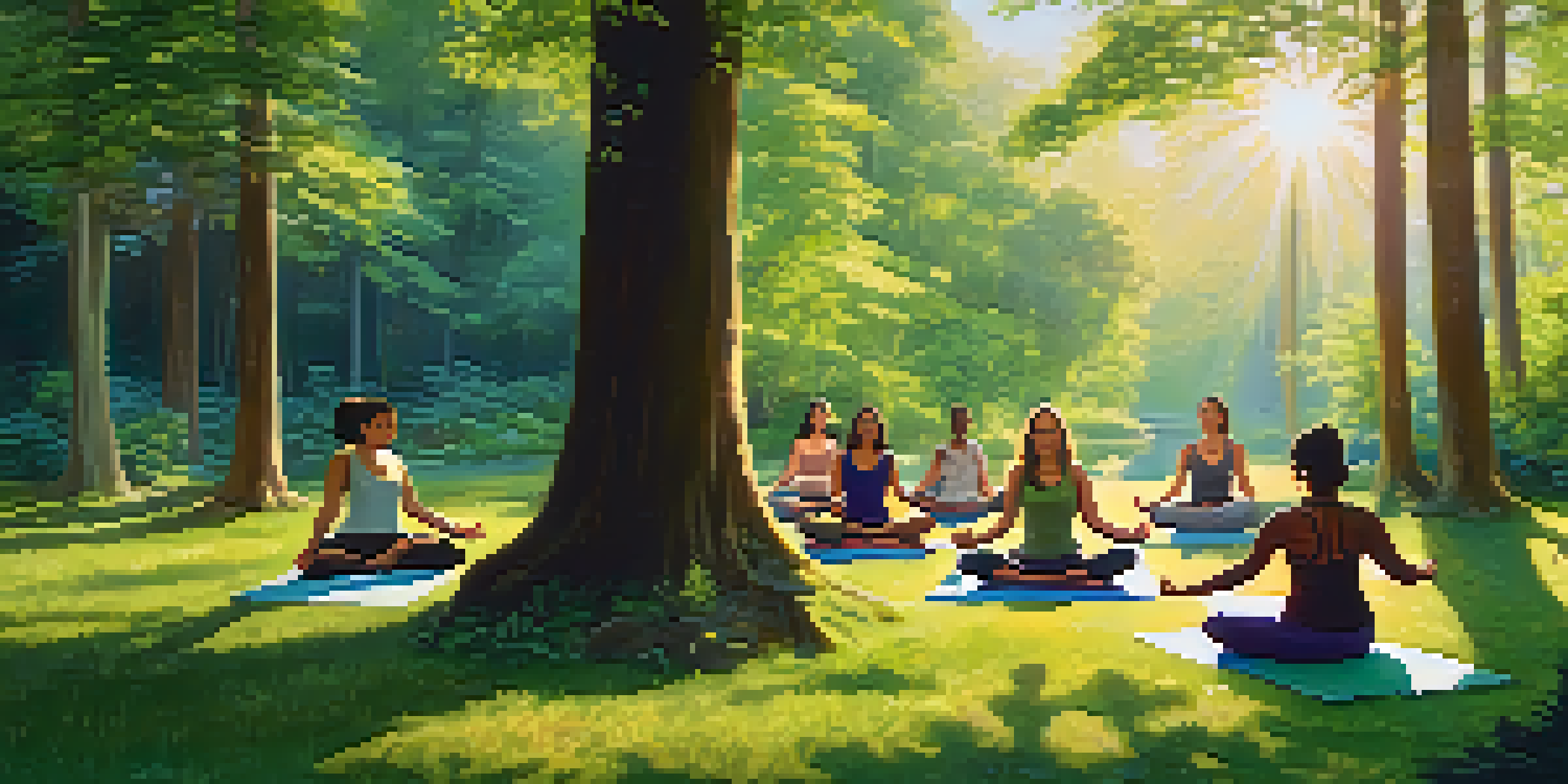 A group of diverse individuals practicing yoga in a circular arrangement in a green forest, with sunlight filtering through the trees.