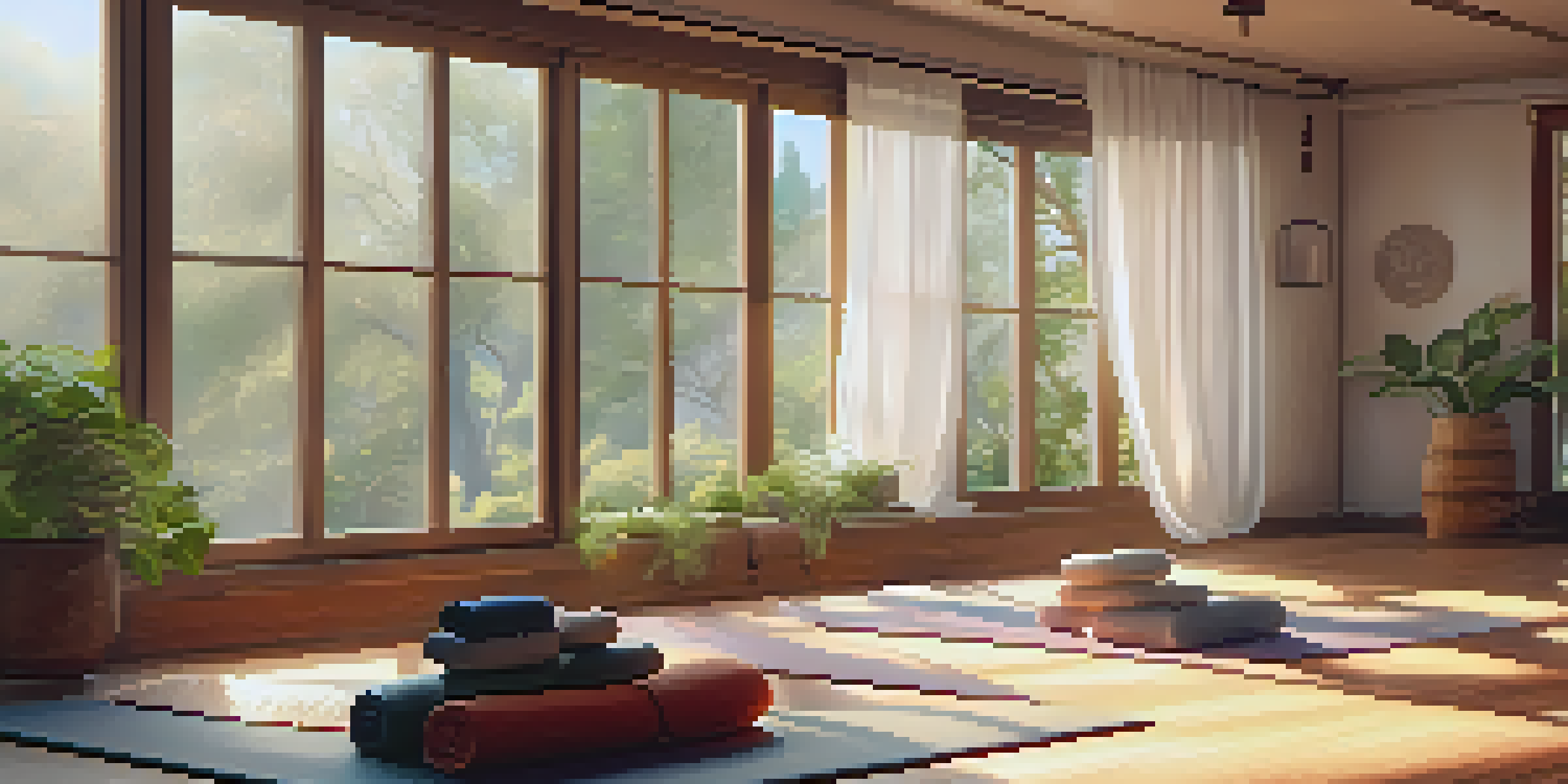 A peaceful yoga studio with soft lighting, props, and natural greenery visible through large windows.