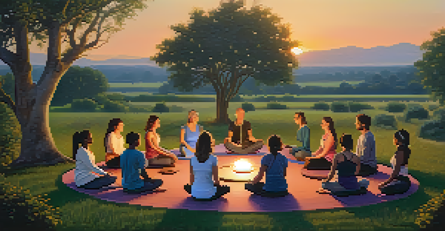 A group of yoga practitioners in a circle outdoors, surrounded by sound healing instruments, with a sunset in the background.