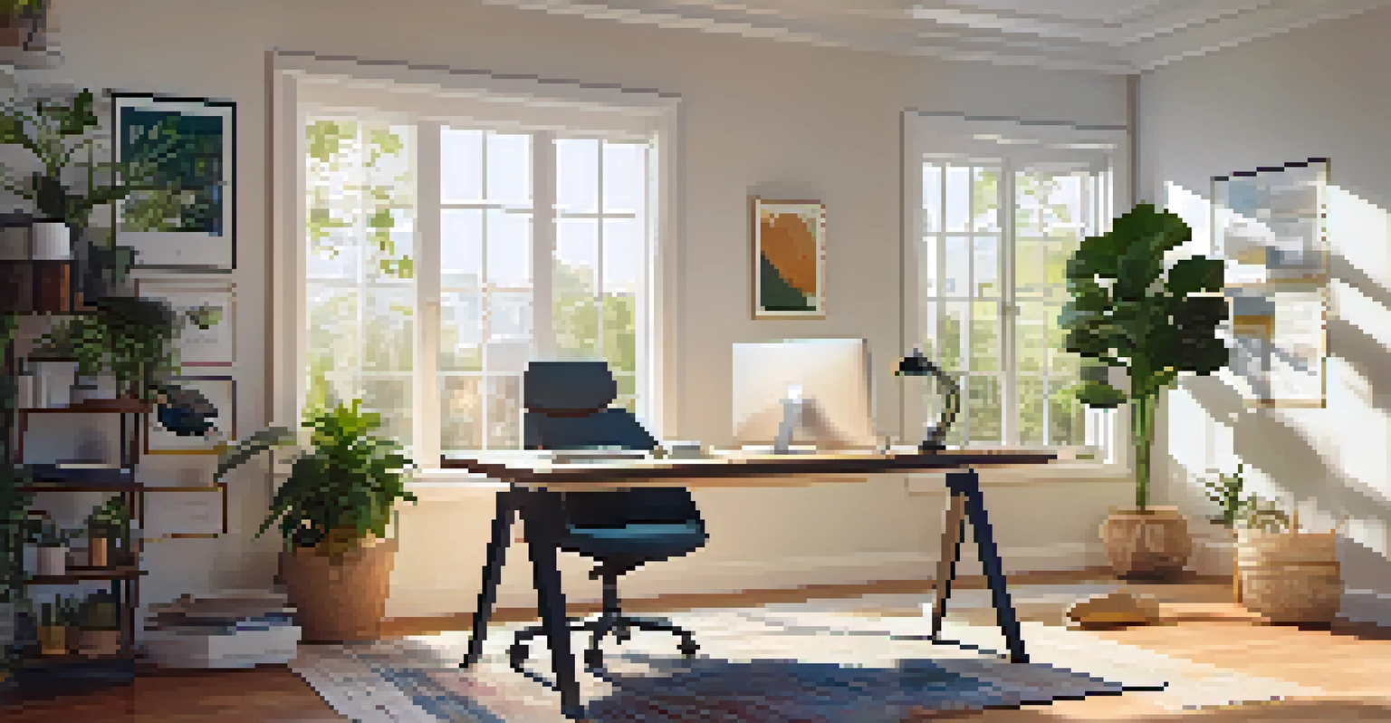A person stretching into Downward Dog next to a desk in a cozy home office with plants and sunlight.