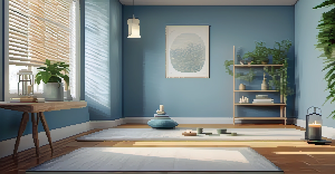 A tranquil yoga space with a yoga mat, soft rug, candles, and a green plant, illuminated by natural light.
