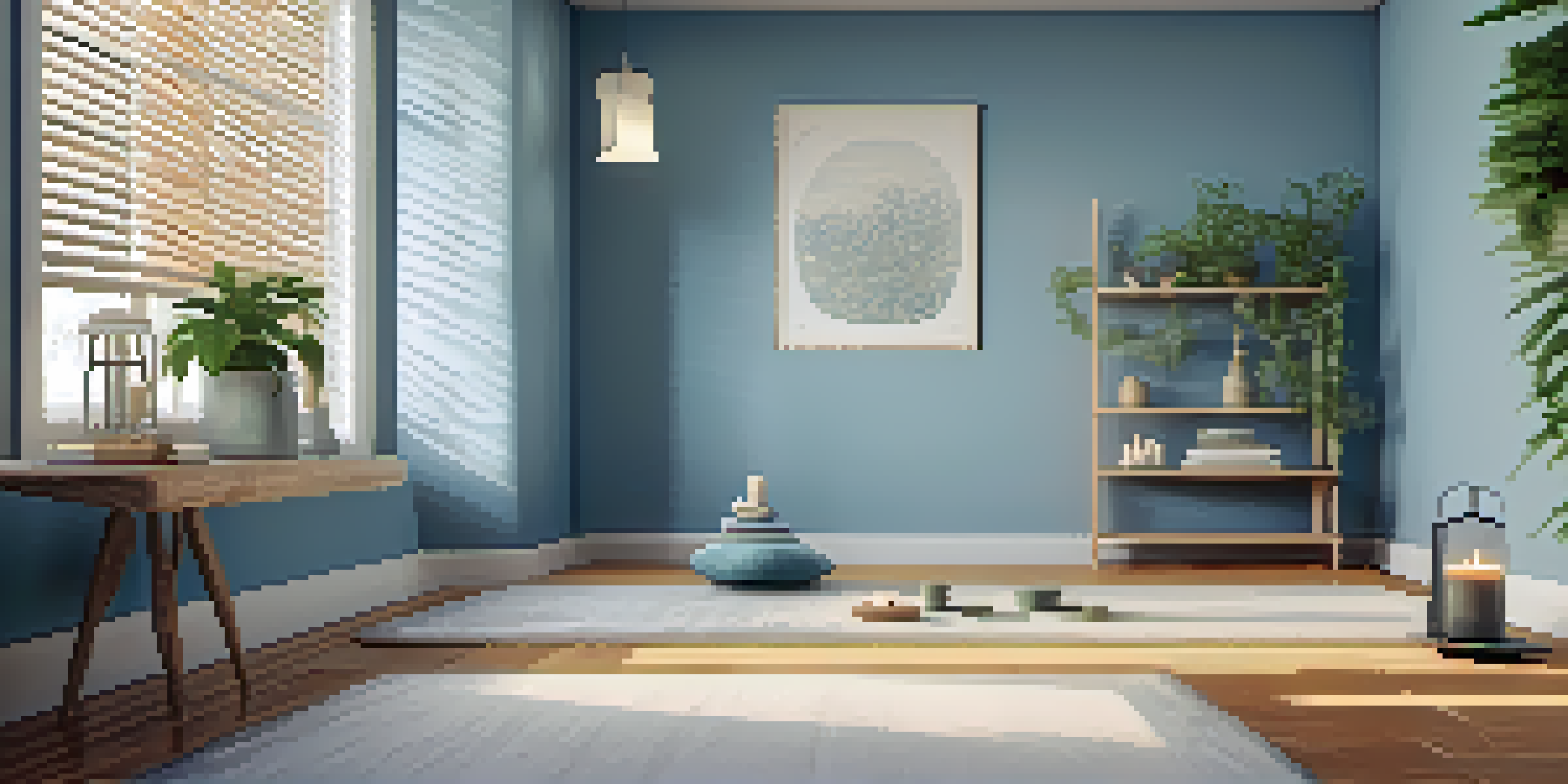 A tranquil yoga space with a yoga mat, soft rug, candles, and a green plant, illuminated by natural light.