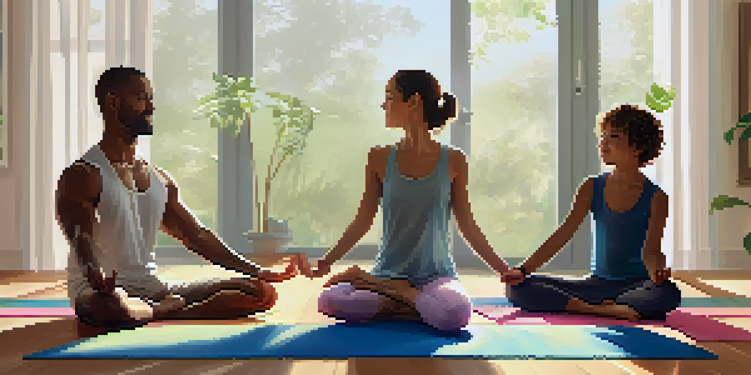 A family practicing yoga together in a sunlit room, with joyful expressions and soft lighting.